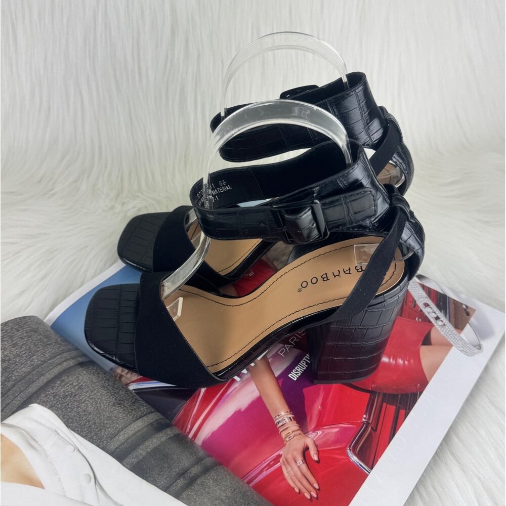 Women's Bamboo Milestone Croc Accent Ankle Strap Chunky Block Heel Sandals Black - Picture 2 of 8